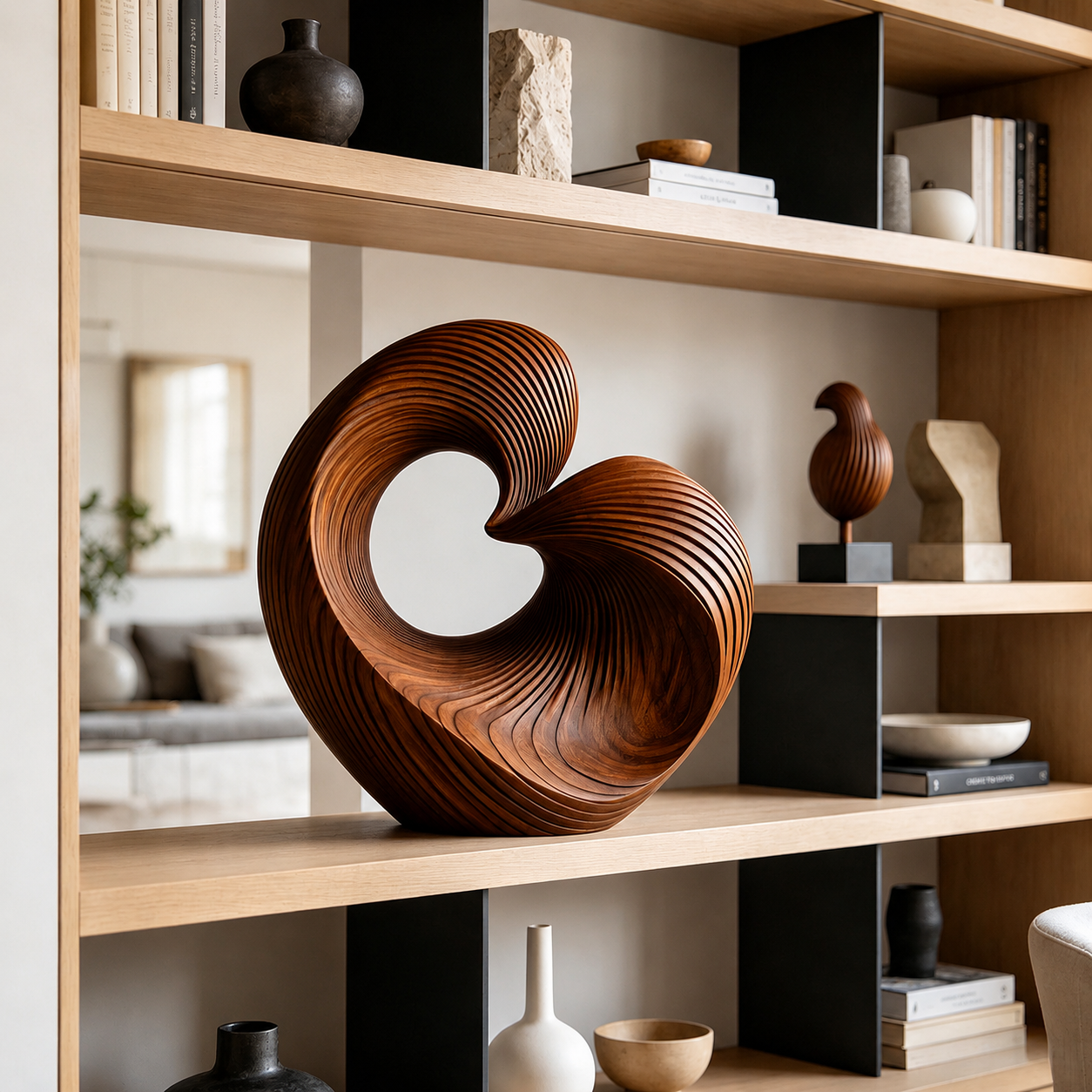Abstrakte Spiral-Holzskulptur, Moderne Geometrische Dekoration für Wohnraum, Regal und Büro
