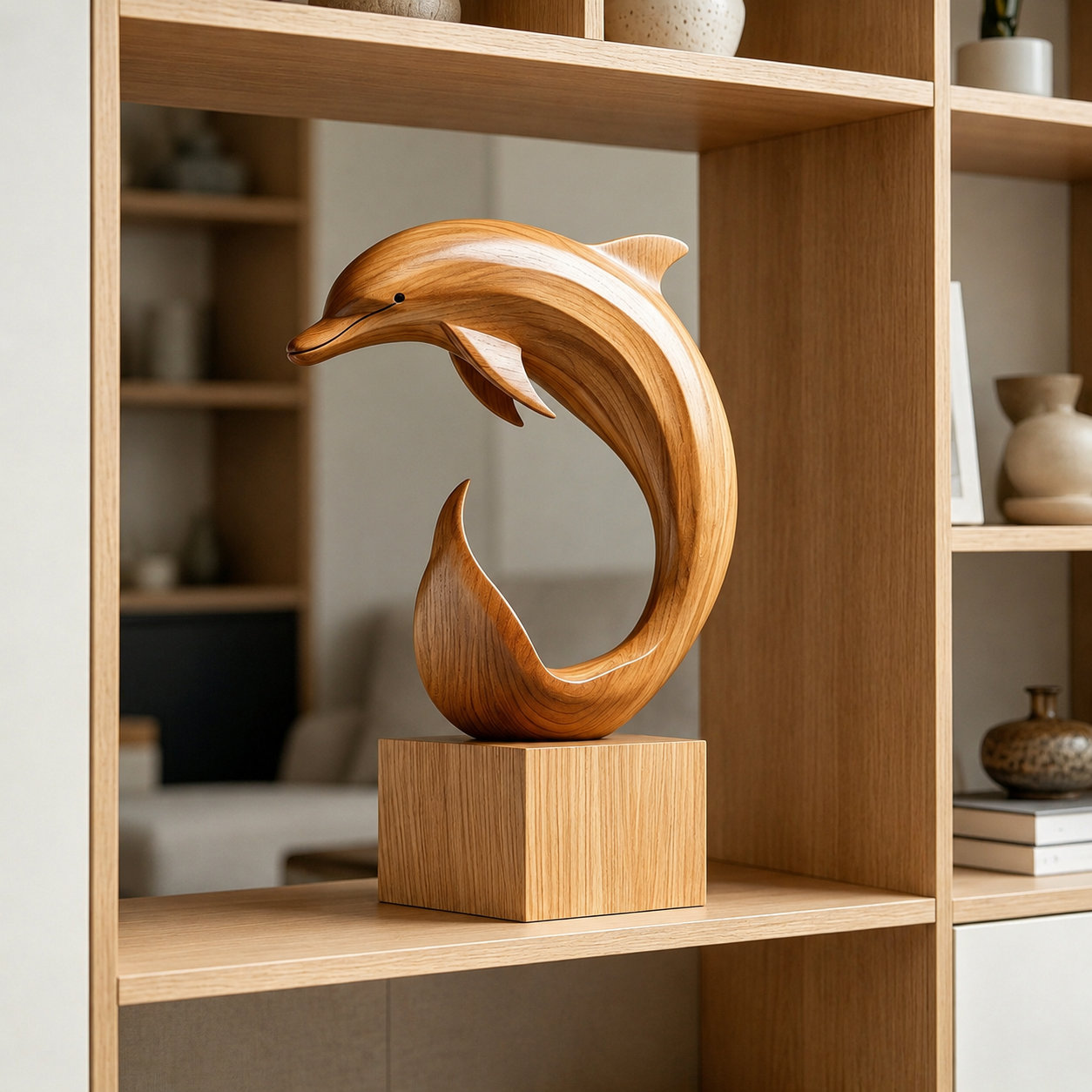Abstrakte Holz-Delfin-Skulptur – Moderner Dekorativer Akzent für Zuhause und Büro