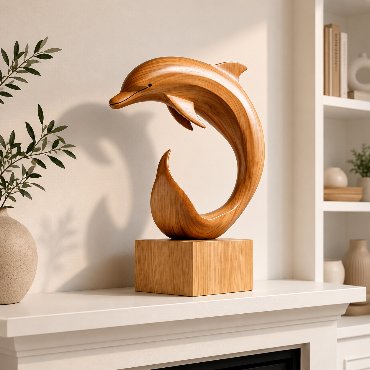 Abstrakte Holz-Delfin-Skulptur – Moderner Dekorativer Akzent für Zuhause und Büro