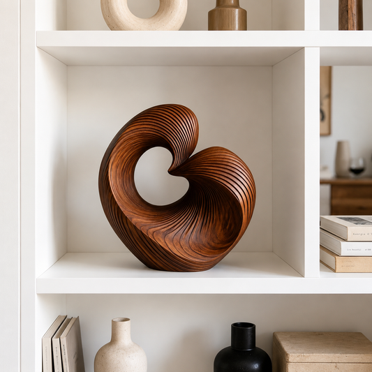 Abstrakte Spiral-Holzskulptur, Moderne Geometrische Dekoration für Wohnraum, Regal und Büro