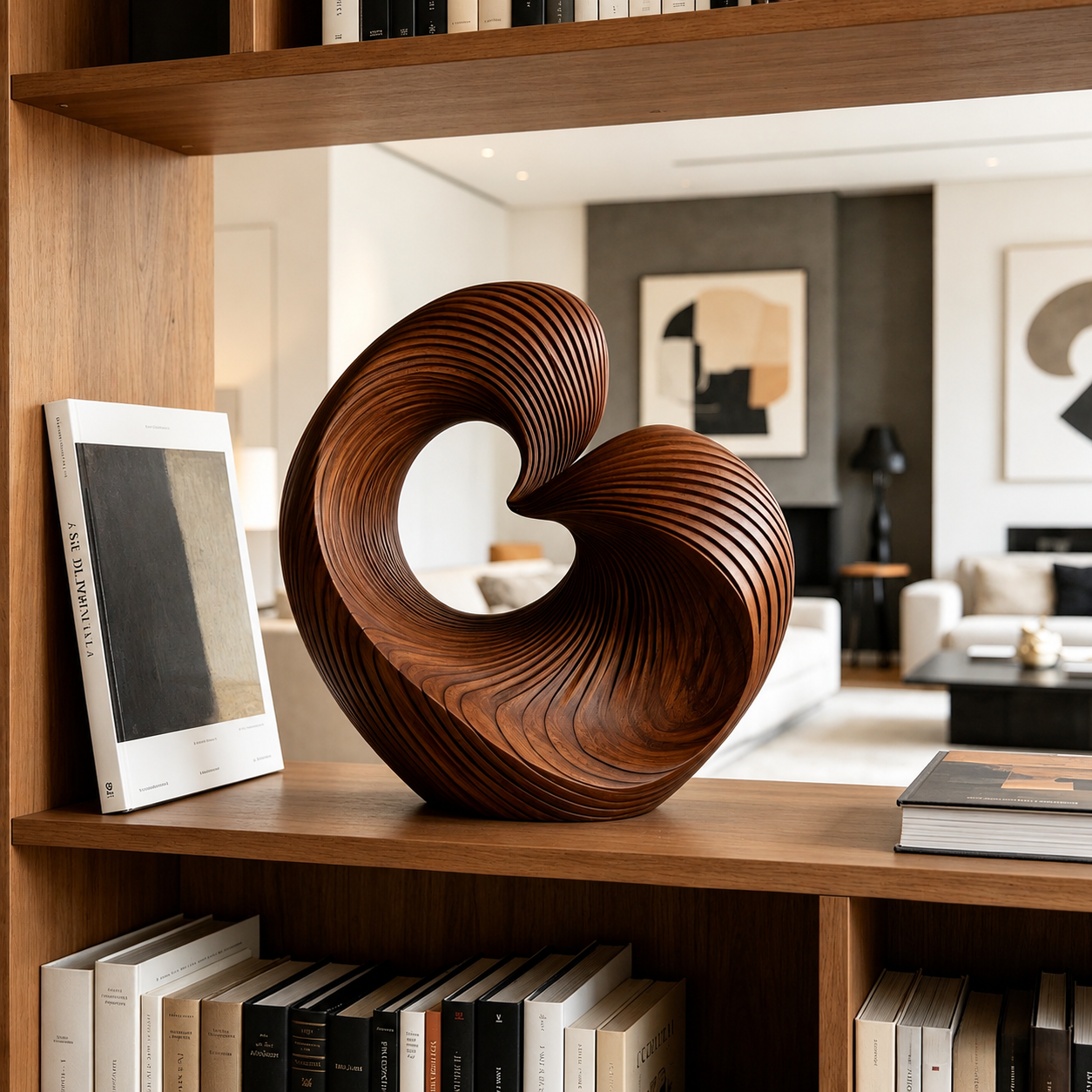 Abstrakte Spiral-Holzskulptur, Moderne Geometrische Dekoration für Wohnraum, Regal und Büro