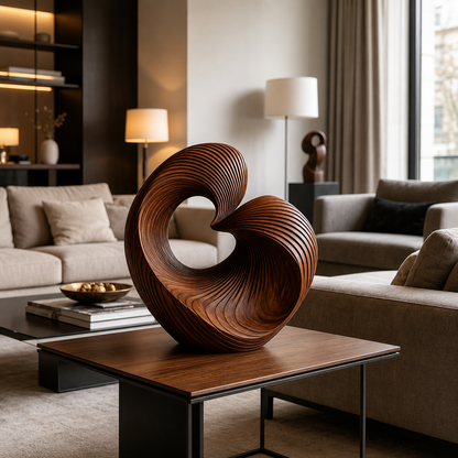 Abstrakte Spiral-Holzskulptur, Moderne Geometrische Dekoration für Wohnraum, Regal und Büro