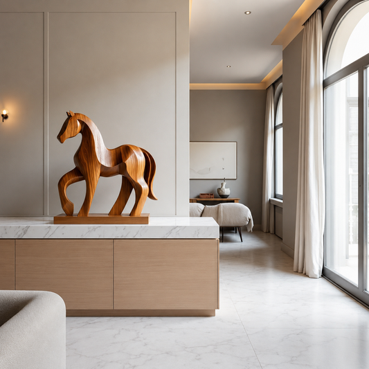 Holz Pferde Skulptur, Abstrakte Pferdefigur, Moderne Tierdekoration für Zuhause und Büro