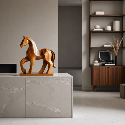 Holz Pferde Skulptur, Abstrakte Pferdefigur, Moderne Tierdekoration für Zuhause und Büro