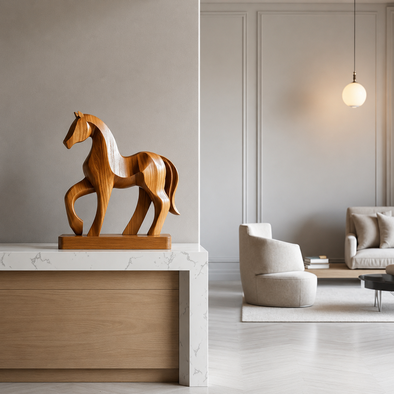 Holz Pferde Skulptur, Abstrakte Pferdefigur, Moderne Tierdekoration für Zuhause und Büro