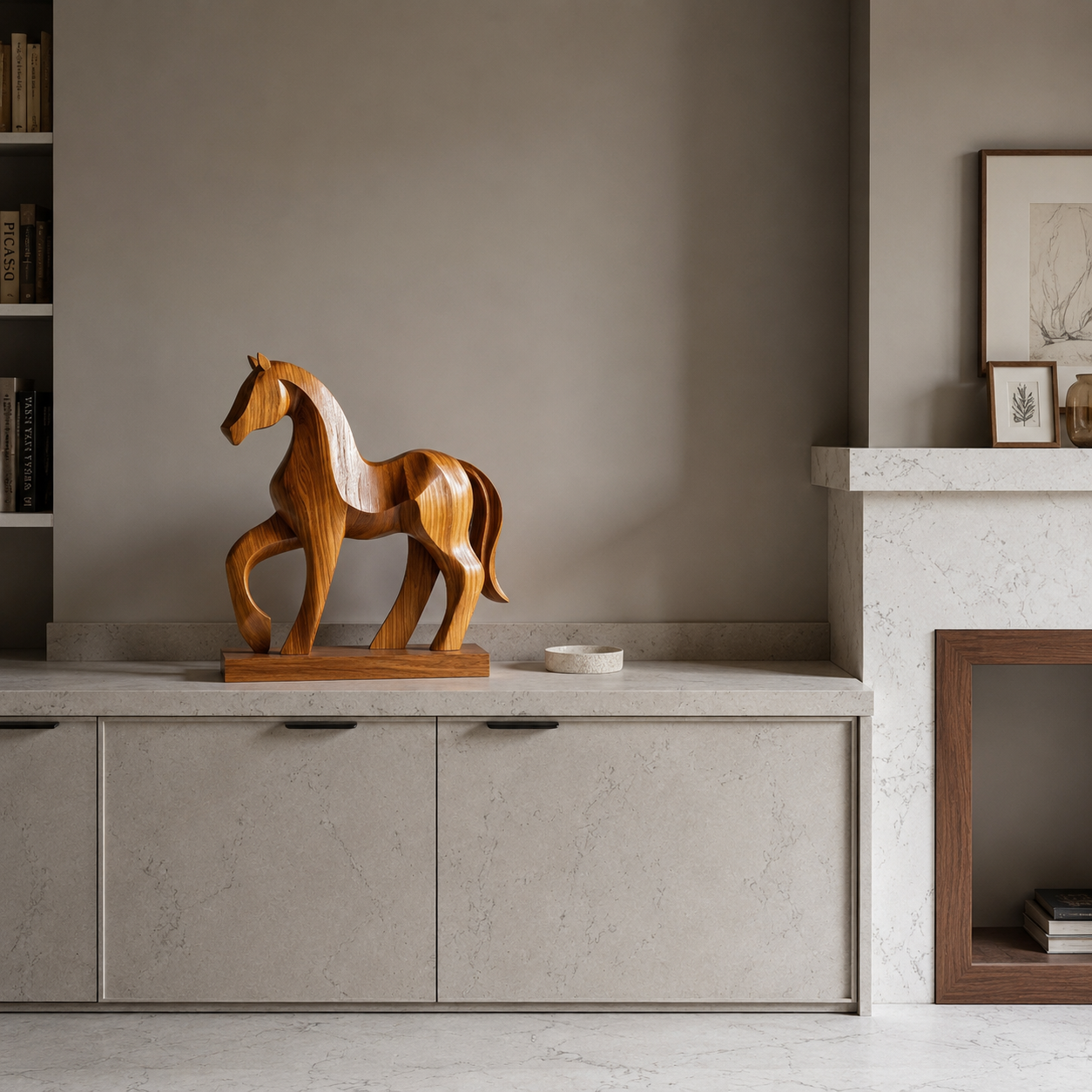 Holz Pferde Skulptur, Abstrakte Pferdefigur, Moderne Tierdekoration für Zuhause und Büro