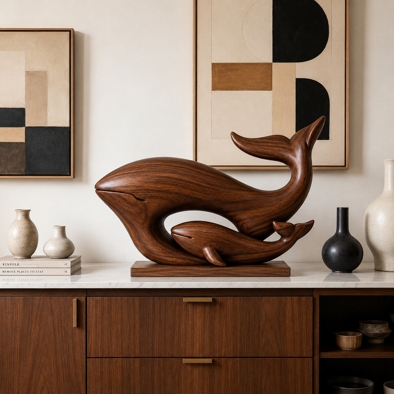 Holz-Wal-Skulptur, Mutter und Kalb Dekoration, Maritime Wohnraumdeko