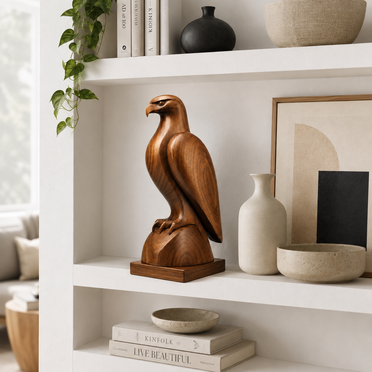 Holz Adler Skulptur, Adlerfigur Dekoration, Vogelstatue für Regal und Buro