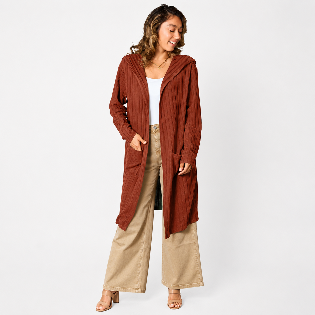 Damen Kapuzen-Cardigan in Langform | Bequeme Strickjacke mit Taschen
