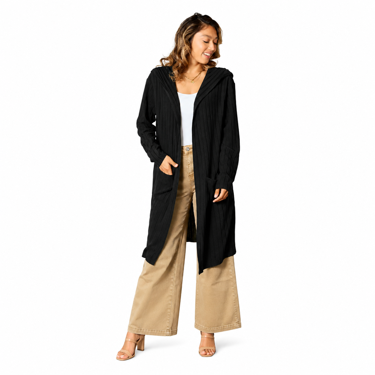 Damen Kapuzen-Cardigan in Langform | Bequeme Strickjacke mit Taschen