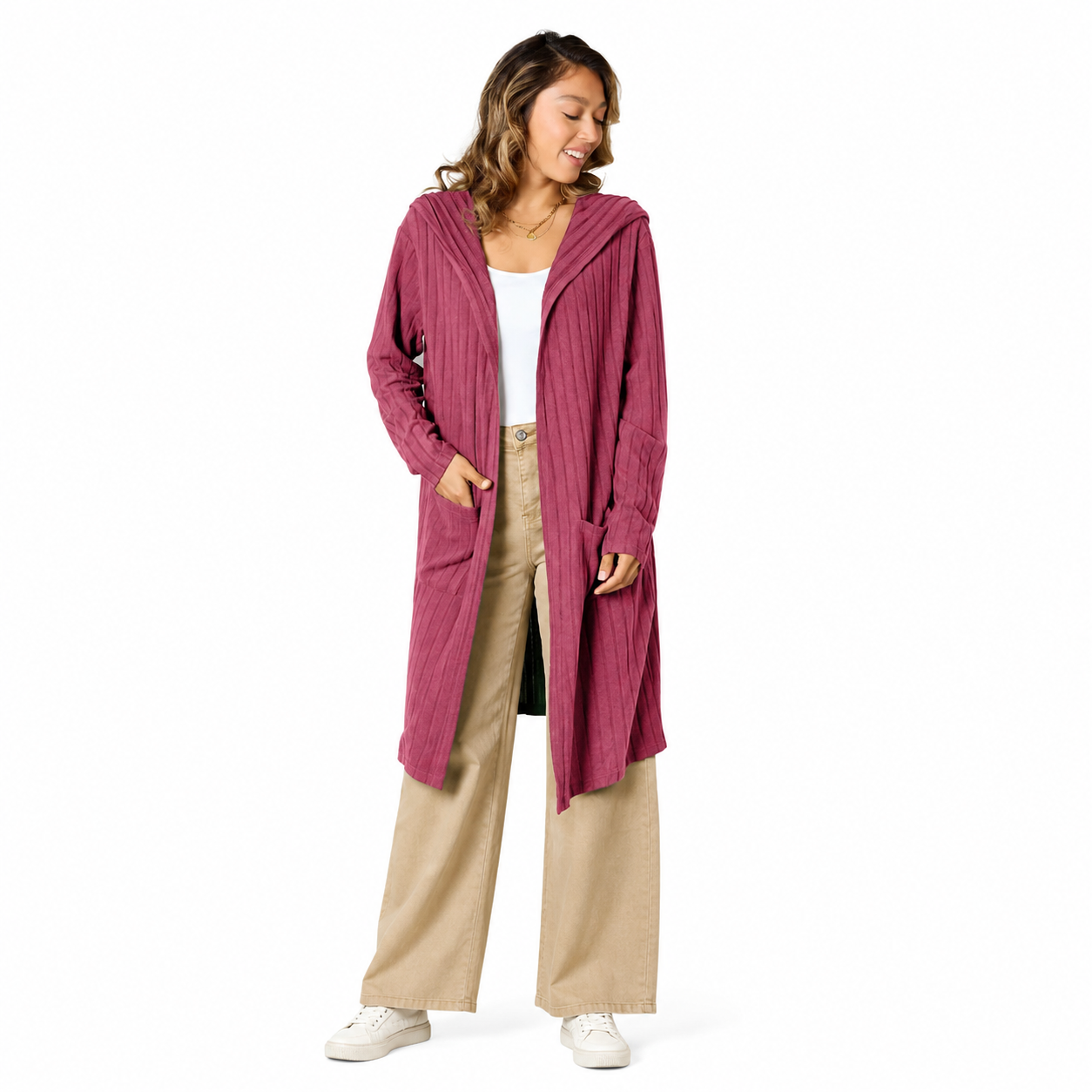 Damen Kapuzen-Cardigan in Langform | Bequeme Strickjacke mit Taschen