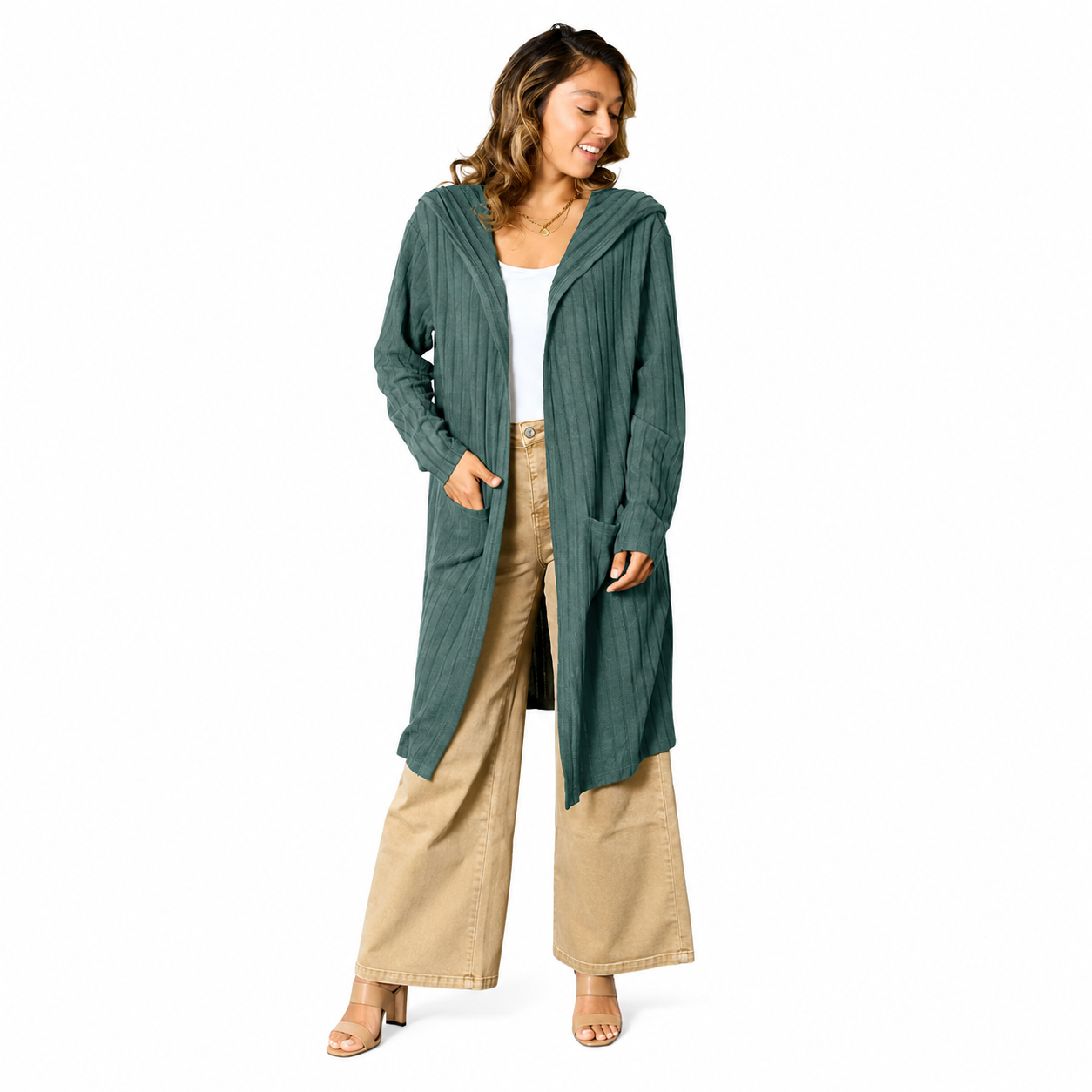 Damen Kapuzen-Cardigan in Langform | Bequeme Strickjacke mit Taschen