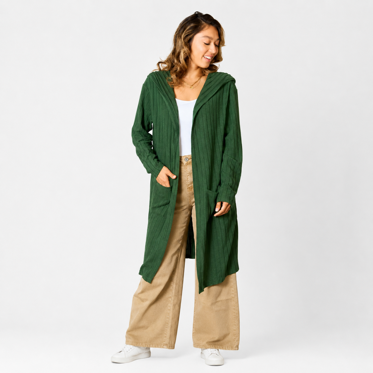 Damen Kapuzen-Cardigan in Langform | Bequeme Strickjacke mit Taschen
