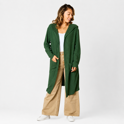 Damen Kapuzen-Cardigan in Langform | Bequeme Strickjacke mit Taschen