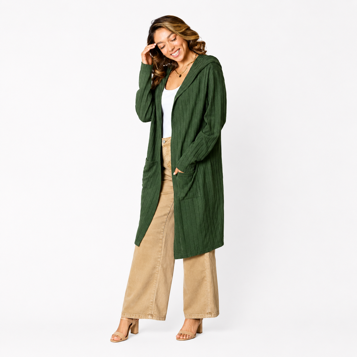 Damen Kapuzen-Cardigan in Langform | Bequeme Strickjacke mit Taschen