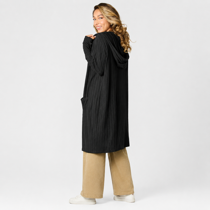 Damen Kapuzen-Cardigan in Langform | Bequeme Strickjacke mit Taschen