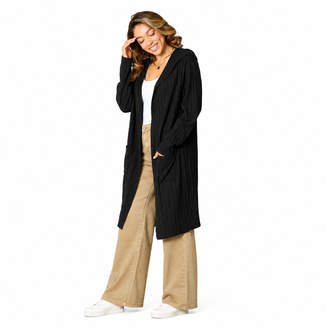 Damen Kapuzen-Cardigan in Langform | Bequeme Strickjacke mit Taschen