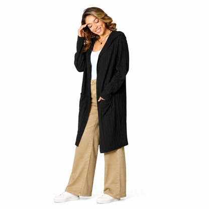 Damen Kapuzen-Cardigan in Langform | Bequeme Strickjacke mit Taschen