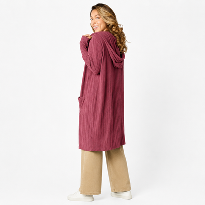 Damen Kapuzen-Cardigan in Langform | Bequeme Strickjacke mit Taschen