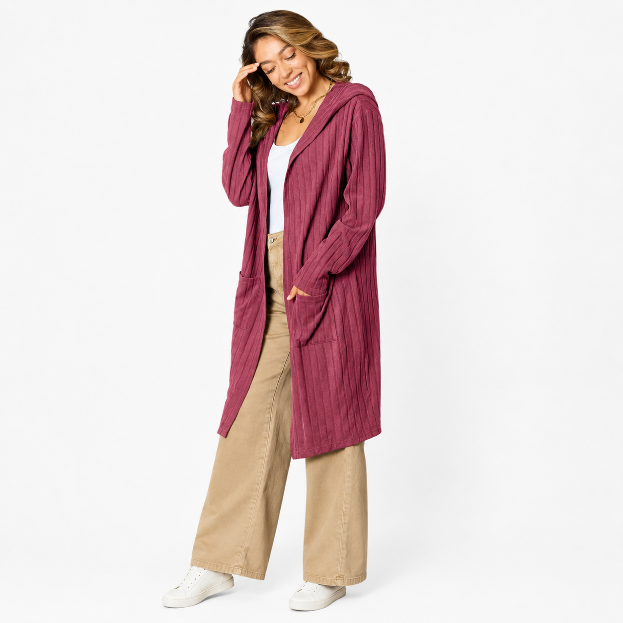 Damen Kapuzen-Cardigan in Langform | Bequeme Strickjacke mit Taschen