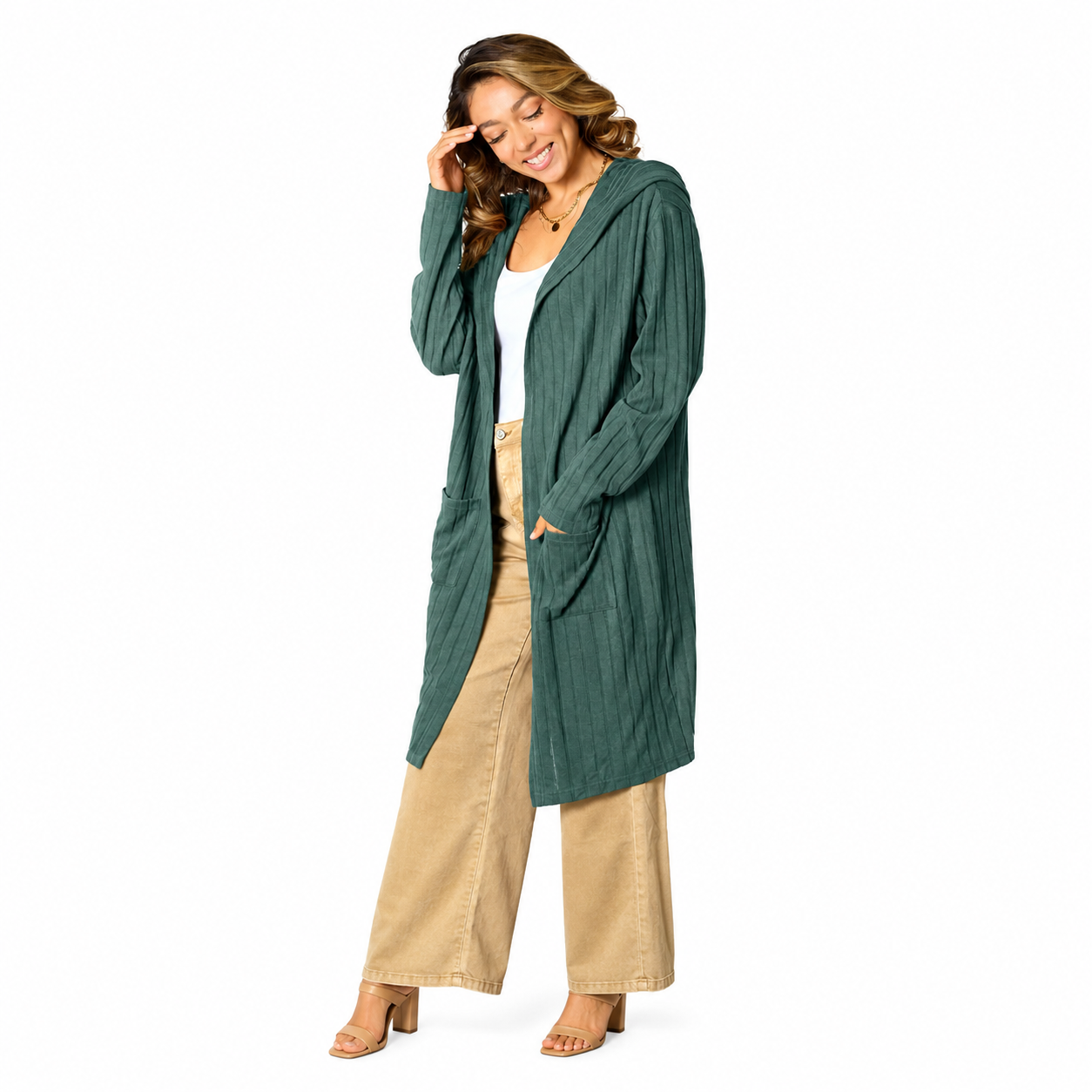 Damen Kapuzen-Cardigan in Langform | Bequeme Strickjacke mit Taschen