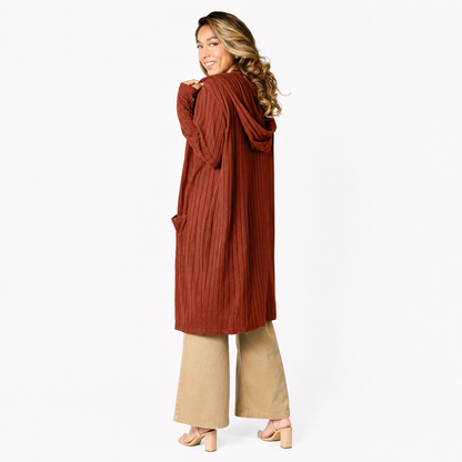Damen Kapuzen-Cardigan in Langform | Bequeme Strickjacke mit Taschen