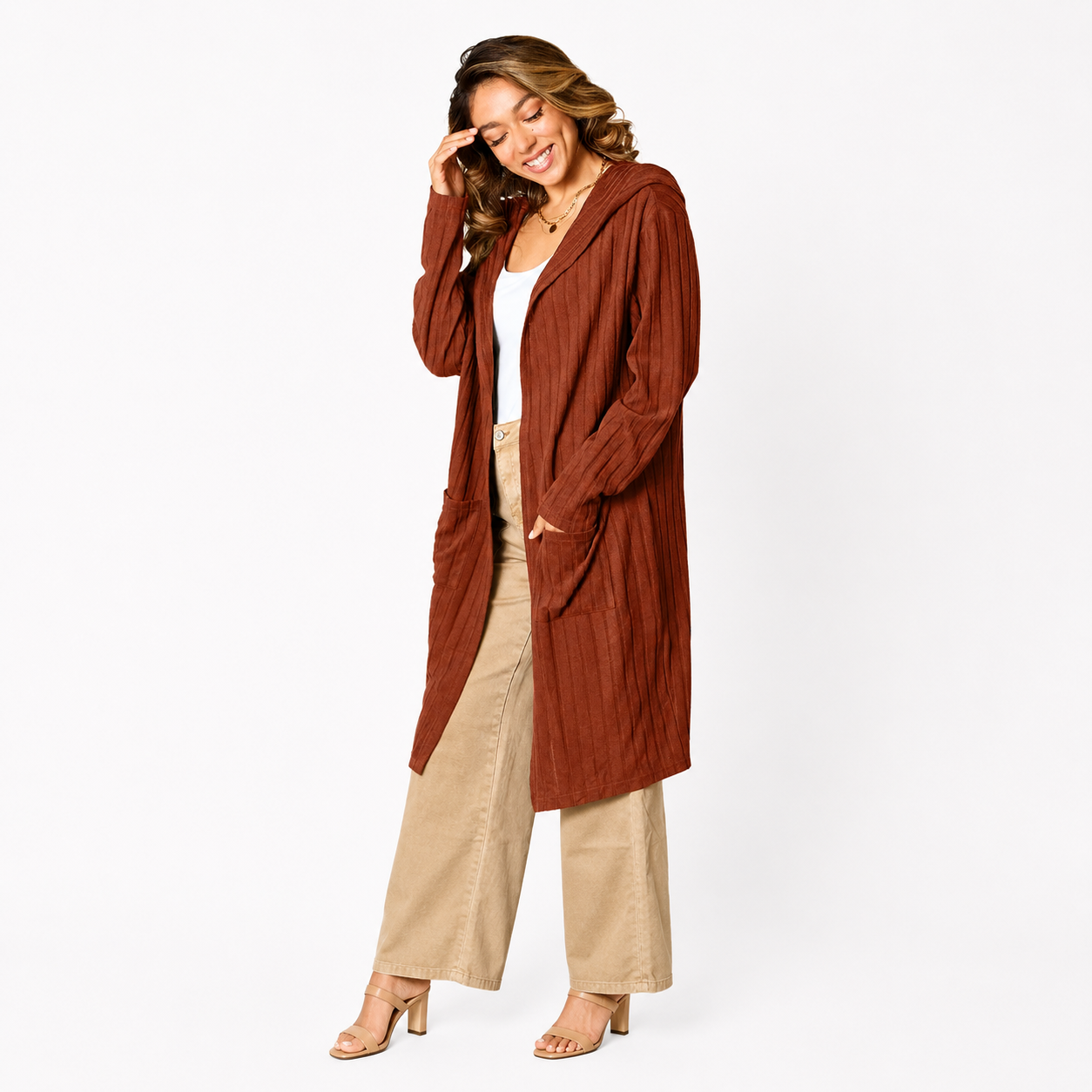 Damen Kapuzen-Cardigan in Langform | Bequeme Strickjacke mit Taschen