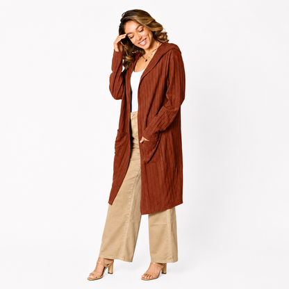 Damen Kapuzen-Cardigan in Langform | Bequeme Strickjacke mit Taschen