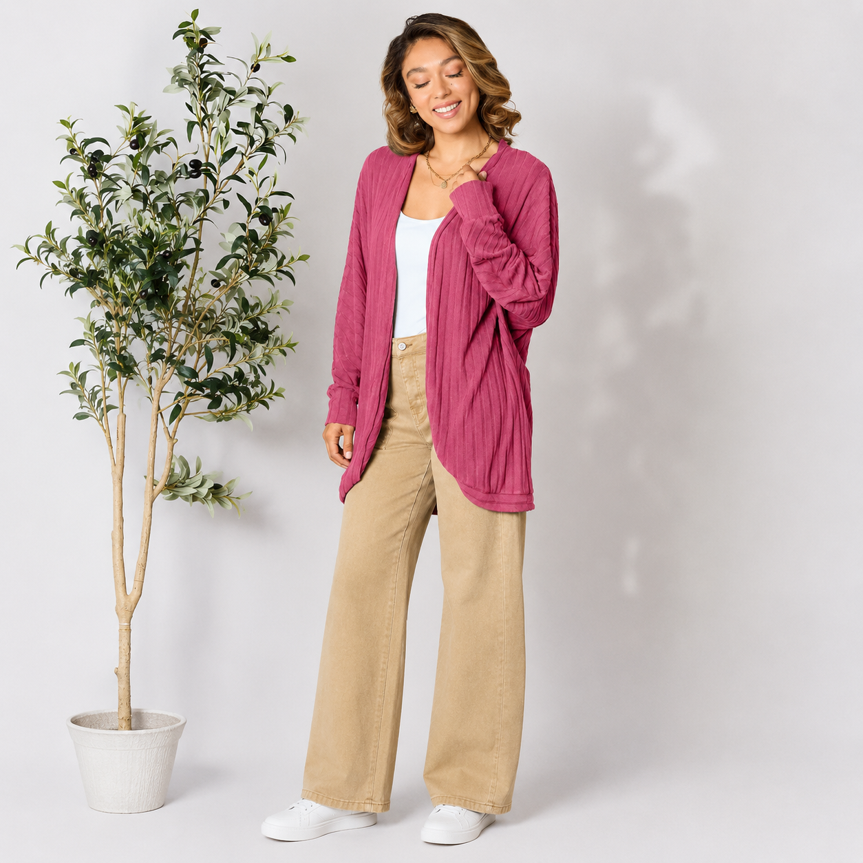 Damen Strick-Cardigan mit offener Vorderseite | Leichter Ripp-Cardigan