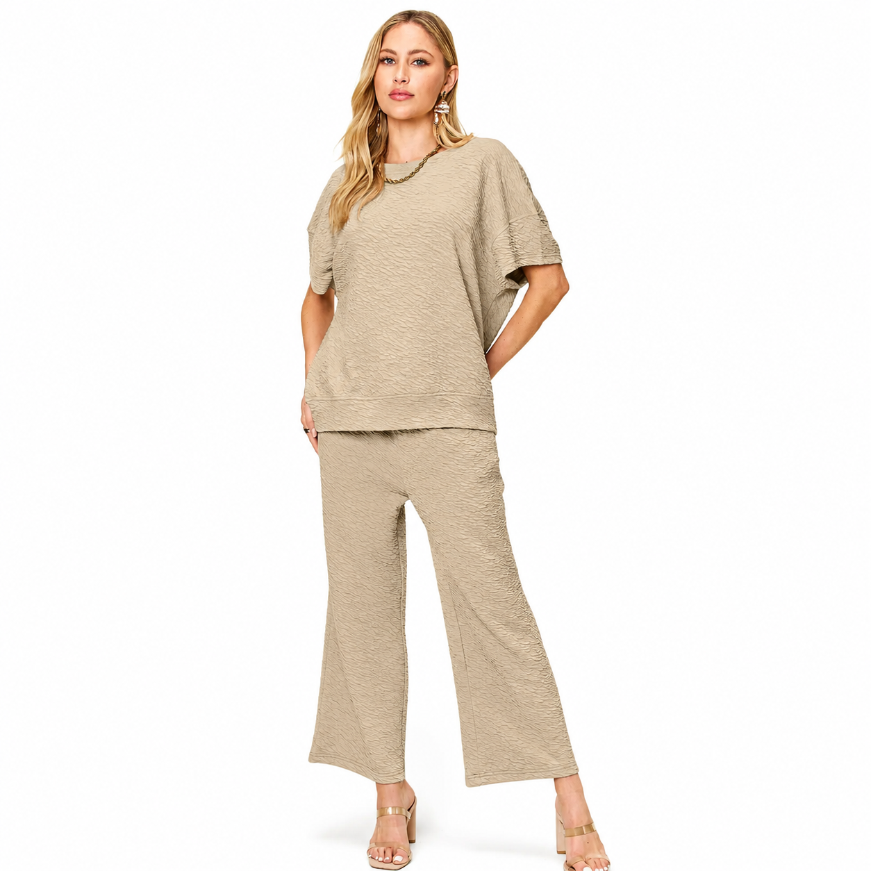 Damen Zweiteiliges Struktur-Set | Oberteil und Weite Hose
