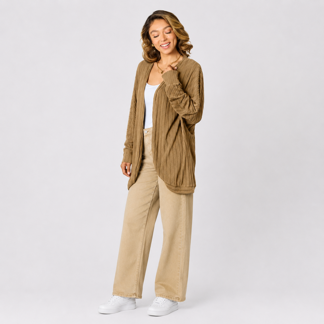 Damen Strick-Cardigan mit offener Vorderseite | Leichter Ripp-Cardigan