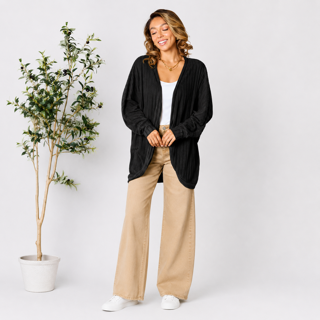 Damen Strick-Cardigan mit offener Vorderseite | Leichter Ripp-Cardigan