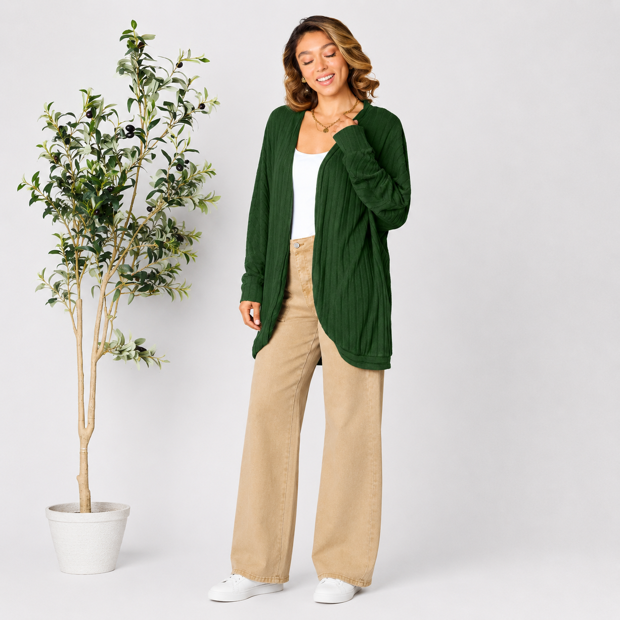 Damen Strick-Cardigan mit offener Vorderseite | Leichter Ripp-Cardigan
